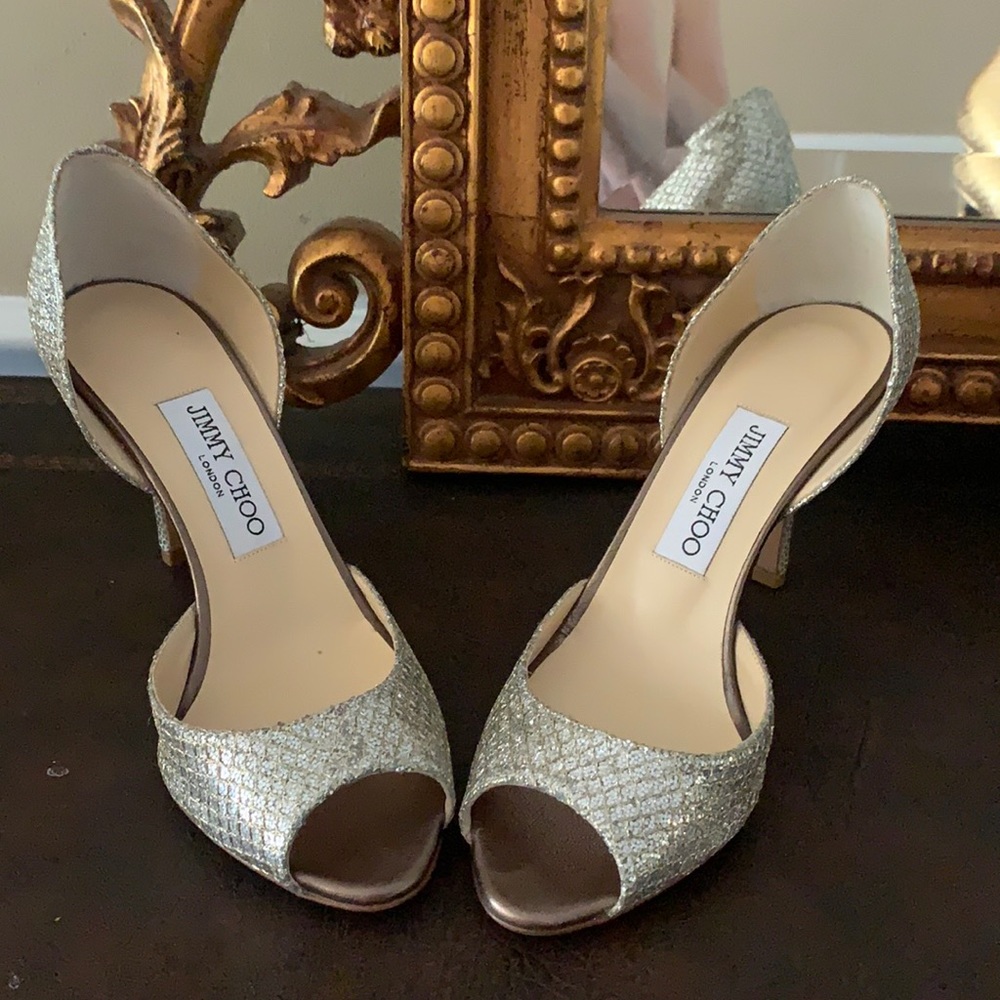 Authentic Jimmy Choo Shimmery silver open toe low